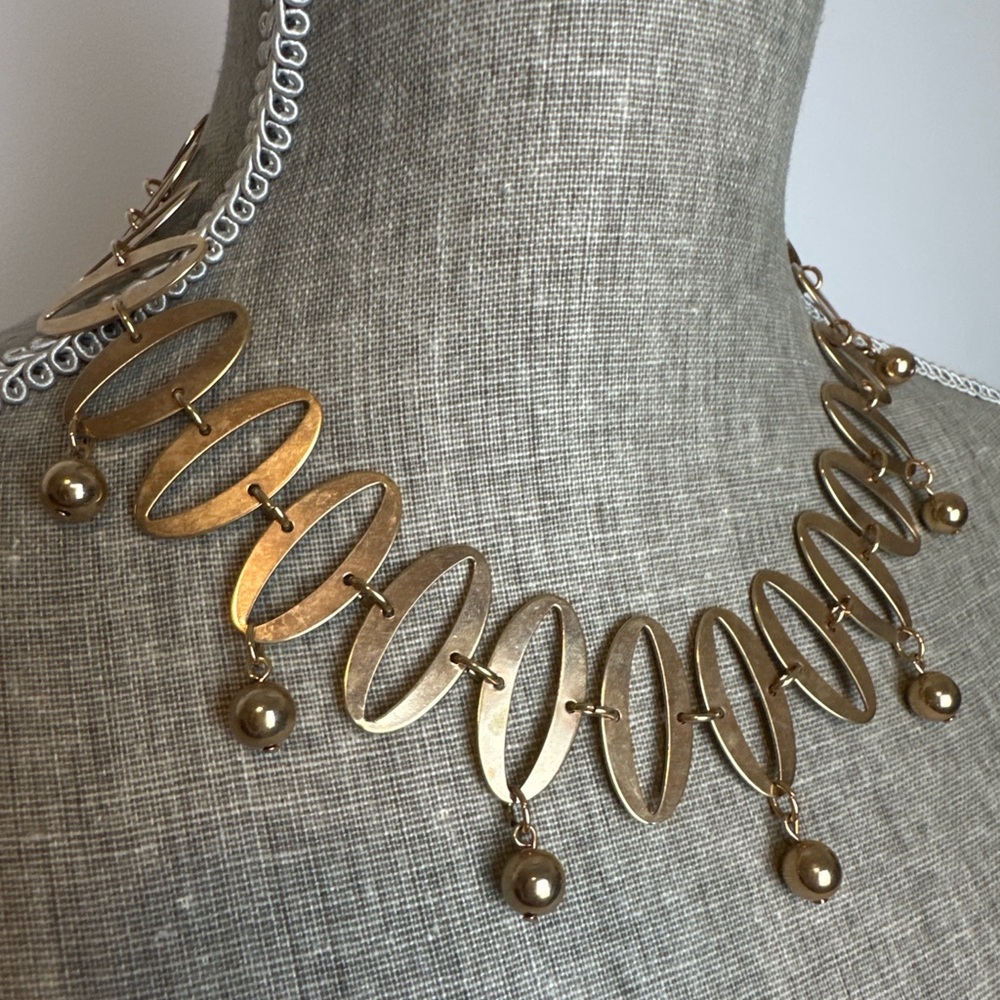 Vintage Gold Statement Necklace – Modernist Open Link Design – Retro Glam